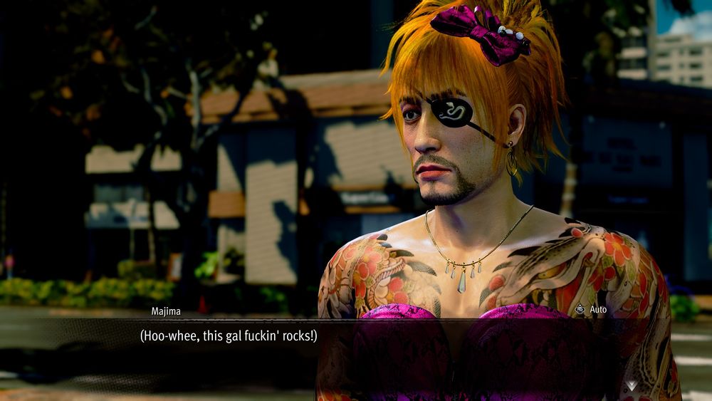 A screenshot from Like a Dragon: Pirate Yakuza in Hawaii showing Majima (dressed as Goromi) in awe, saying: "Hoo-whee, this gal fuckin' rocks!"