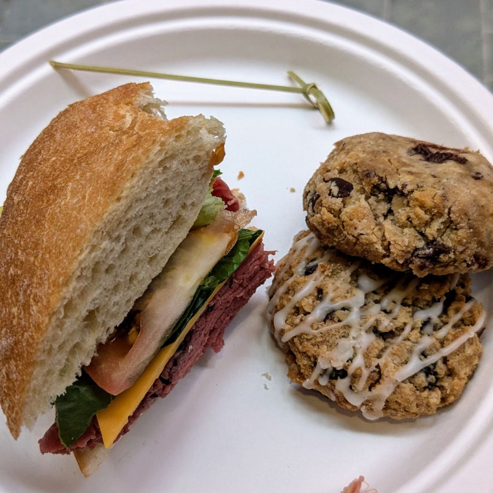 Roast beef sandwich and cookies
