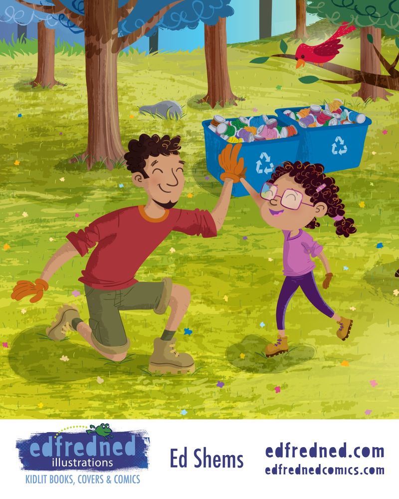 Kidlit book illustration of a Father and daughter high-fiving after cleaning up outside and recycling all of the cans they found. The cardinal on the tree above looks on approvingly. 