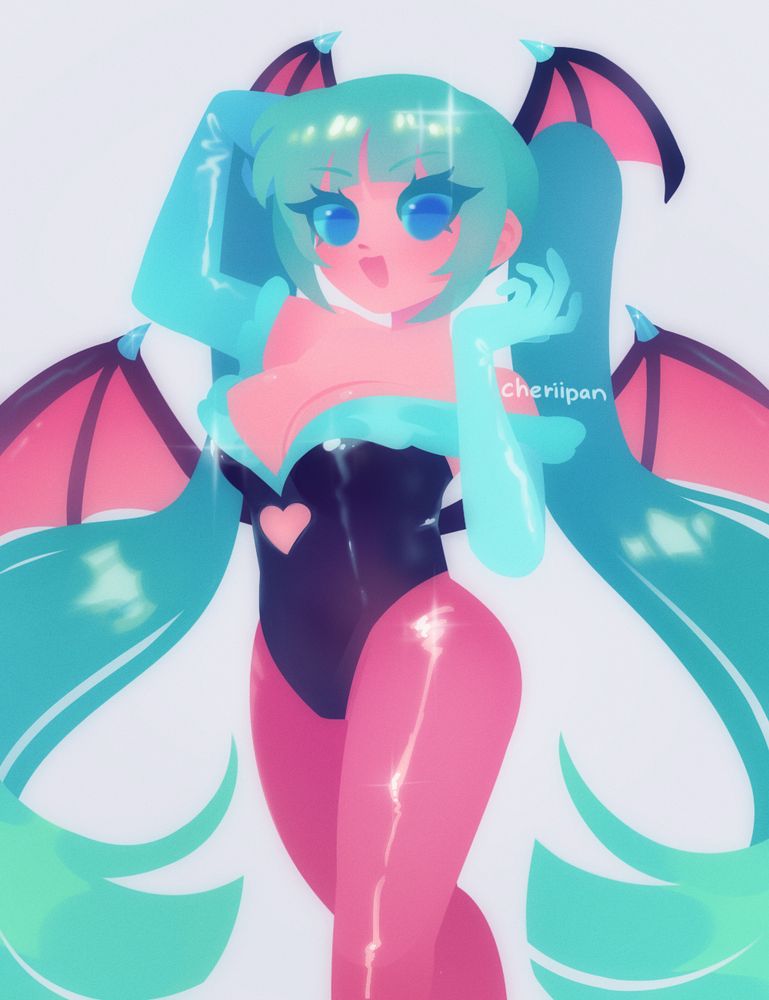 Digital lineless drawing of Hatsune Miku dressed as Morrigan Aensland