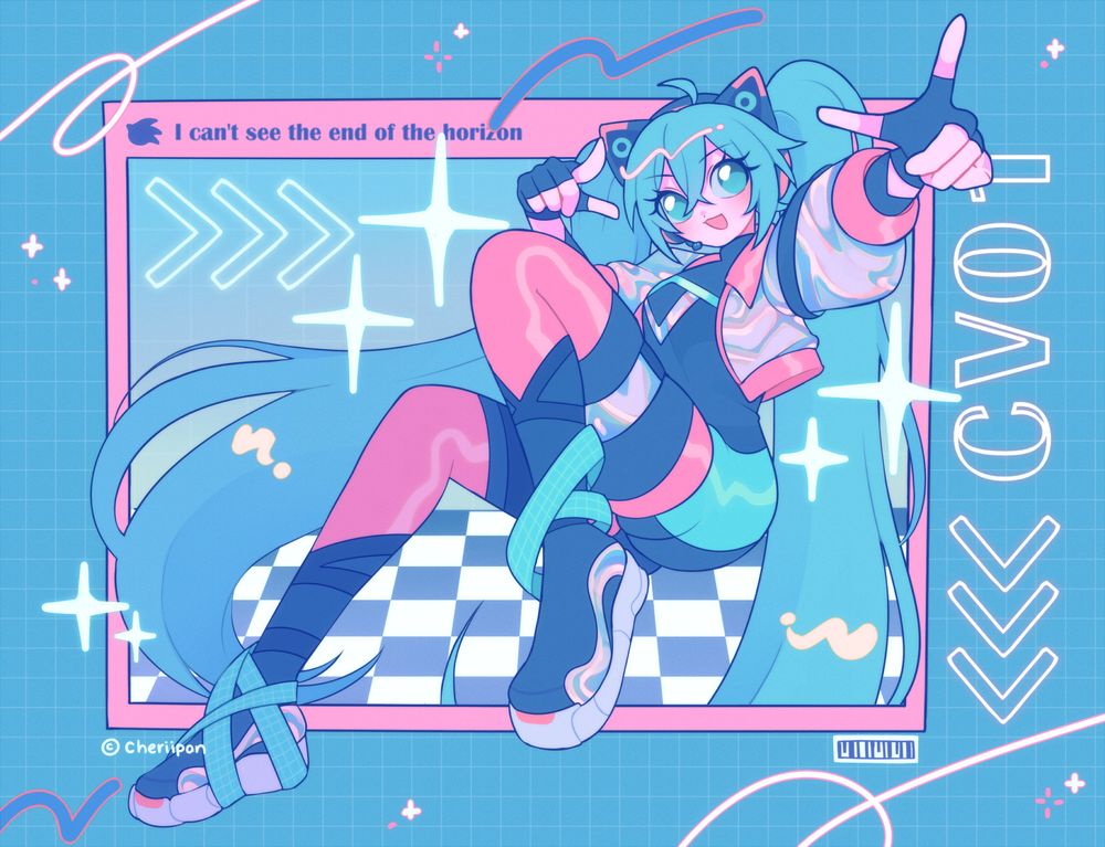 A drawing of Hatsune Miku in her Sonic Racing Crossworlds design with a mainly pink+blue+white palette. She's floating and pointing to the viewer. The window behind her reads I can't see the end of the horizon.