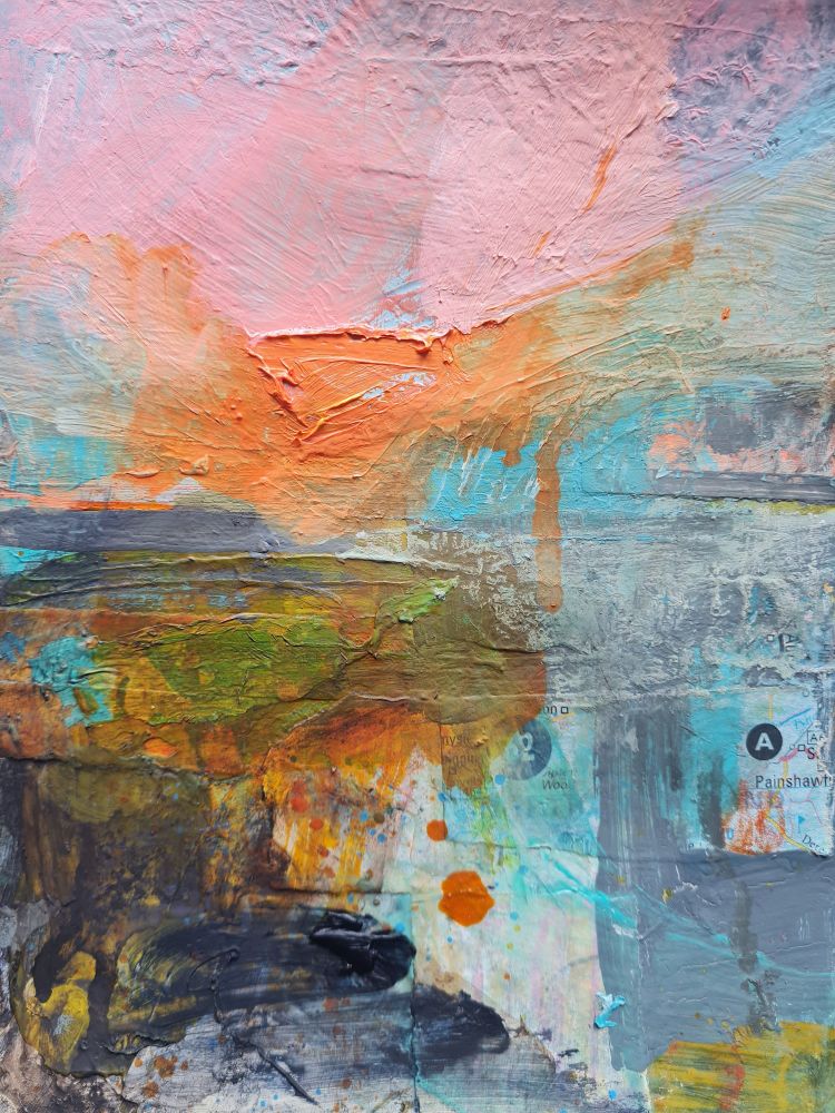 Mixed media semi abstract landscape painted on card with paper ephemera elements, acrylic and oil paint. The main colours are pink and orange sky and grey green and turquoise land and sea. July 2025, Julia Laing