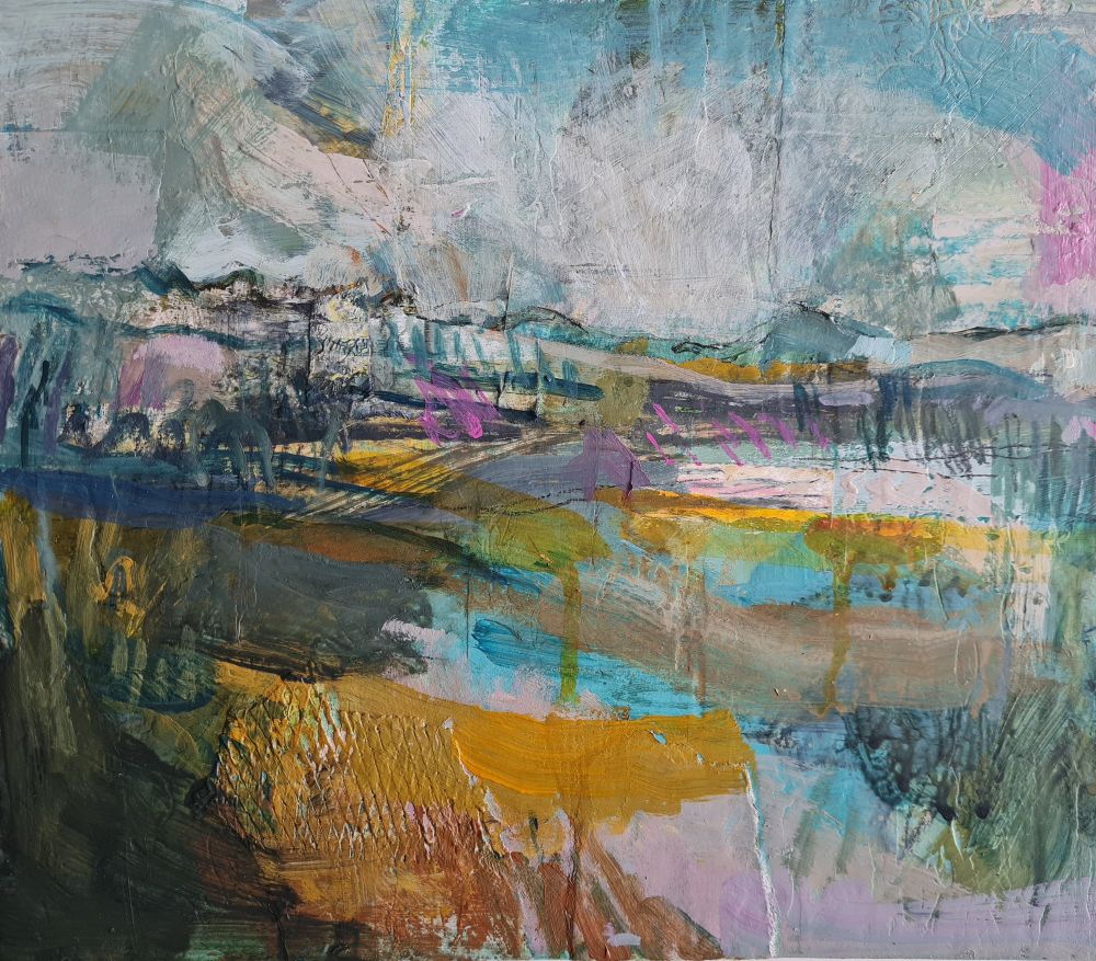 Expressive landscape painting with rich textures and colourful brushstrokes.