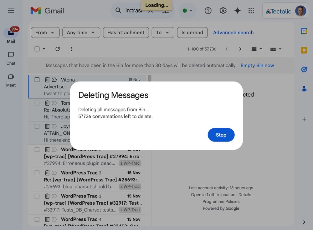 A screenshot showing gmail deleting 57,000+ emails from the bin.