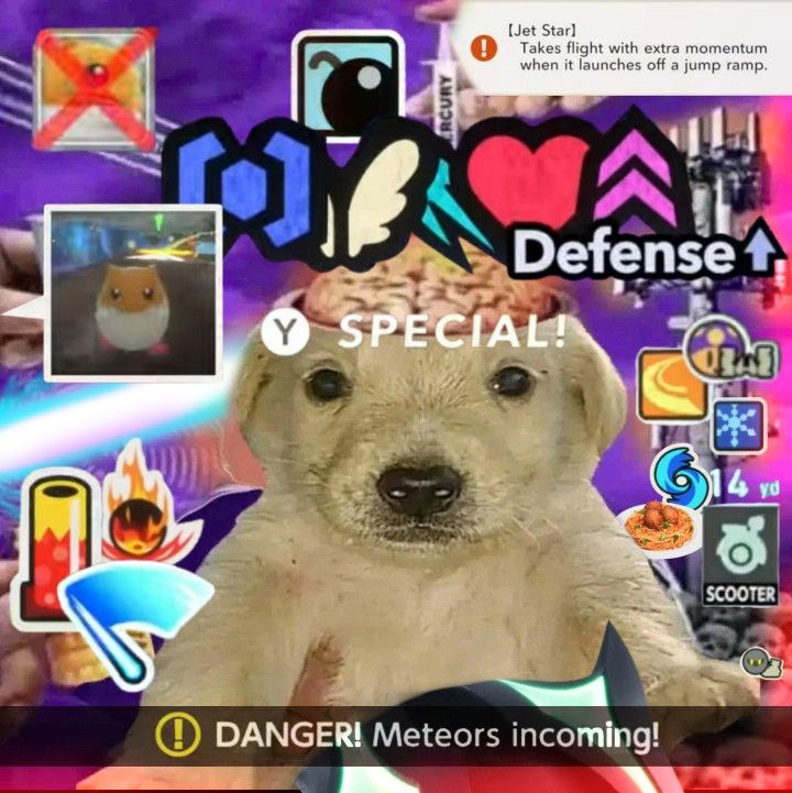 The puppy meme absolutely bombarded with Kirby Air Ride icons and alert messages. The bottom one says "DANGER! Meteors incoming!"