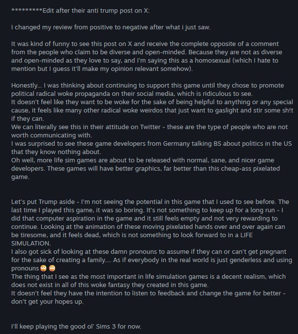 long-ass rant about how the tiny life anti-trump tweet is too woke as if they hadn't previously played the game that is already hella woke but ok. sorry it's too long for the alt text but just imagine something insane and there it is