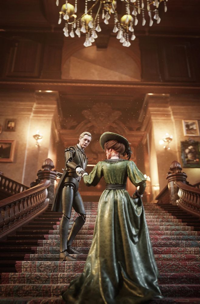 a picture of Polendina and a young Antonia from Lies of P. antonia has her back to the viewer while being lead up the staircase of hotel krat by polendina.