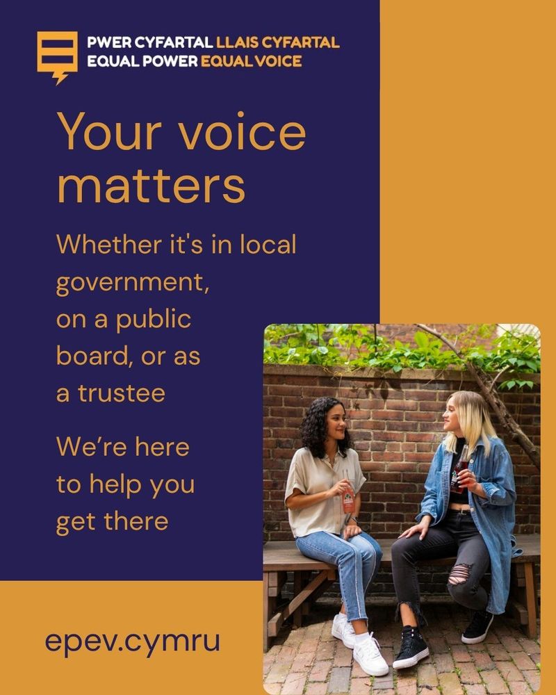 An image of two people sitting, chatting together on a bench by a wall, on a blue and orange background, with the words 'Your voice matters. Whether it's in local government, on a public board, or as a trustee, we're here to help you get there. epev.cymru'