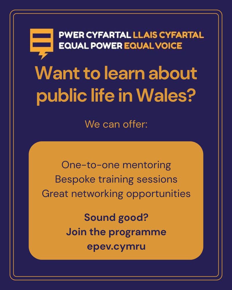 The Equal Power Equal Voice logo, with the words 'Want to learn about public life in Wales? We can offer:' Below this is blue writing on an orange box, with the words 'One-to-one mentoring, Bespoke training sessions, Great networking opportunities. Sound good? Join the programme epev.cymru'