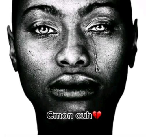 African American individual sheding a singular tear exclaiming  "Cmon cuh" with a broken heart emoji ending the exclamation