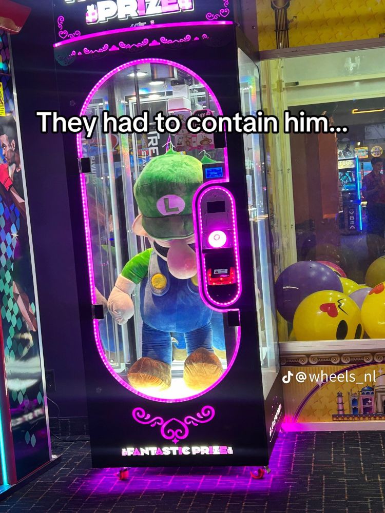 Imagem. Captura de tela de um vídeo no Tiktok que mostra uma daquelas máquinas de pegar pelúcia com uma pelúcia gigante do personagem de videogame Luigi (irmão do Mario Bros) de pé sozinho dentro da máquina. A cabeça da pelúcia está inclinada para baixo, de modo que a aba do quepe cobre seus olhos. A legenda diz "They had to contain him..." (Eles tiveram que contê-lo...)