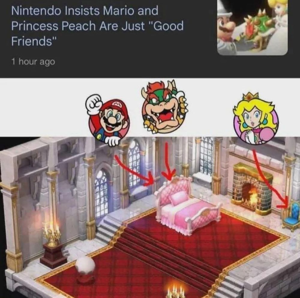 Meme. Colagem de uma manchete de blog dizendo "Nintendo insists Mario and Princess Peach Are Just Good Friends" seguido de uma imagem 3d de um cômodo de um castelo com uma grande cama rosa perto de uma lareira e uma cadeira azul um pouco mais longe. Há o desenho de setas vermelhas ligando PNGs do Mario e do Bowser na cama de casal e o PNG da Princesa Peach na cadeira de voyeur.