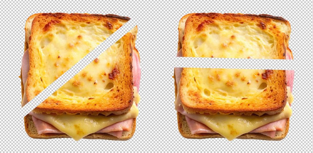 Foto de dois png recortados de mistos quentes em um fundo quadriculado de transparência. O primeiro foi cortado ao meio diagonalmente e o segundo foi cortado ao meio horizontalmente. O misto quente também é chamado de "torrada" no Rio Grande do Sul ou "croque monsieur" internacionalmente, mas os dois são o mesmo sanduíche quentes idênticos feitos em fatias de pão quadradas, com uma fatia de queijo ou presunto e depois o pão tostado na frigideira, forno ou misteira.