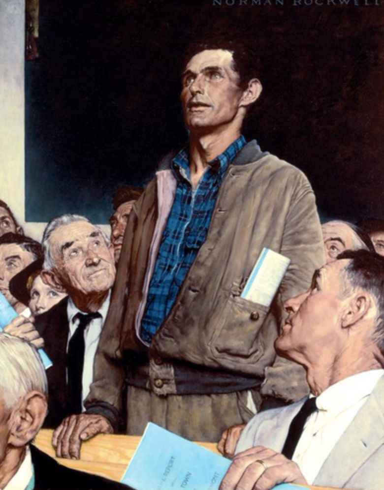Meme feito com a pintura Freedom of Speech (Liberdade de Expressão), pintada por Norman Rockwell em 1943. A pintura mostra um homem caucasiano com roupas de trabalhador comum se levantando no meio de uma centena de bancos com outras pessoas sentadas, olhando para cima como se estivesse prestes a dizer algo importante. as pessoas ao seu redor olham para ele, surpresas com a ação. A maioria delas tem em suas mãos livretos idênticos de capa azul abertos, parecendo comunicados da prefeitura ou talvez a liturgia diária da igreja, mas o homem de pé tem o seu livreto enrolado e guardado no bolso do seu casaco.