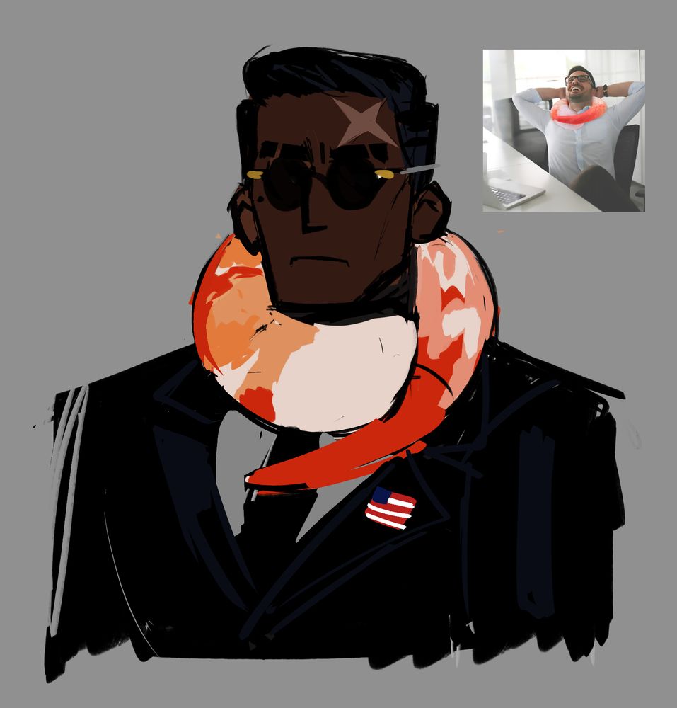 Agent Keller having a neutral expression while wearing a shrimp neck pillow.