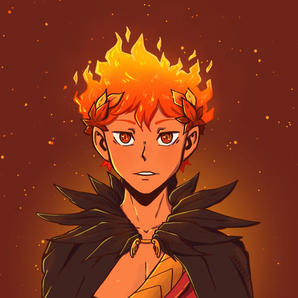 A digital portrait in anime style of Hinata Shoyo from Haikyuu wearing a cape with black feathers around his neck and a laurel crown made from red, orange and yellow leaves. His hair looks like fire. The illustration is done with some elements of the art style from the game Hades.