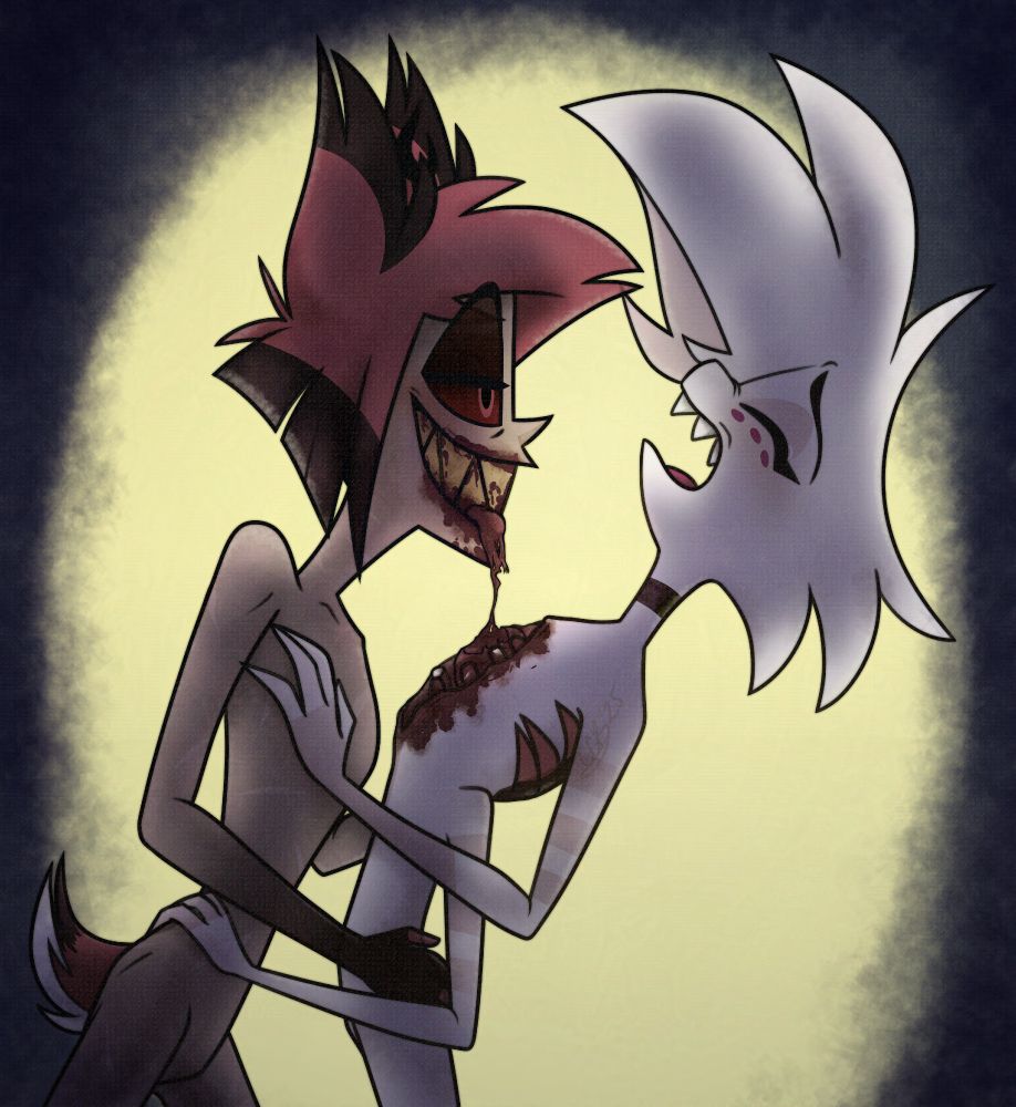 In front of a pale yellow painterly oval, Alastor is holding up Angel Dust by the back and hip. Angel yells in evident pain and pleasure at Alastor tearing off a chunk from his exposed heart with his now blood stained teeth. Both are nude, but no genitalia is visible. 