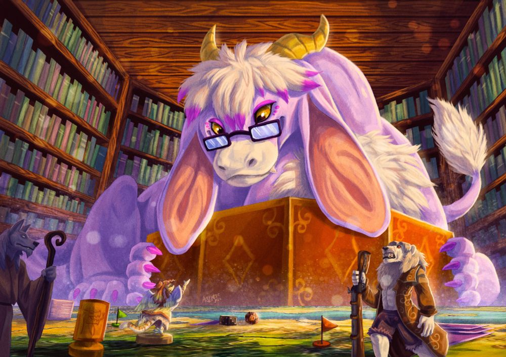 A large fluffy purple dragon wearing glasses is dming over a board with a lion man and animal figures in the map. This is taking place in a massive library.