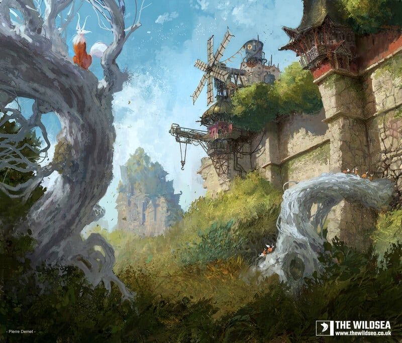 The wildsea foxloft, a overgrown wall with white roots and green sea.