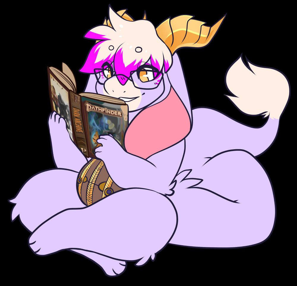 Fluffy dragon with long ears reading Dark Archive.