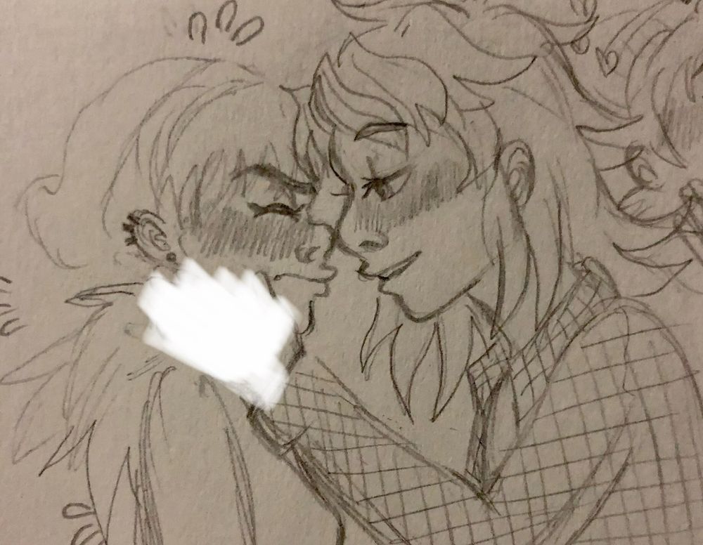 sketch of teenaged arnold with long hair where he is embarrassing teenaged helga by getting close to her face. there is a part of the drawing scribbled out 