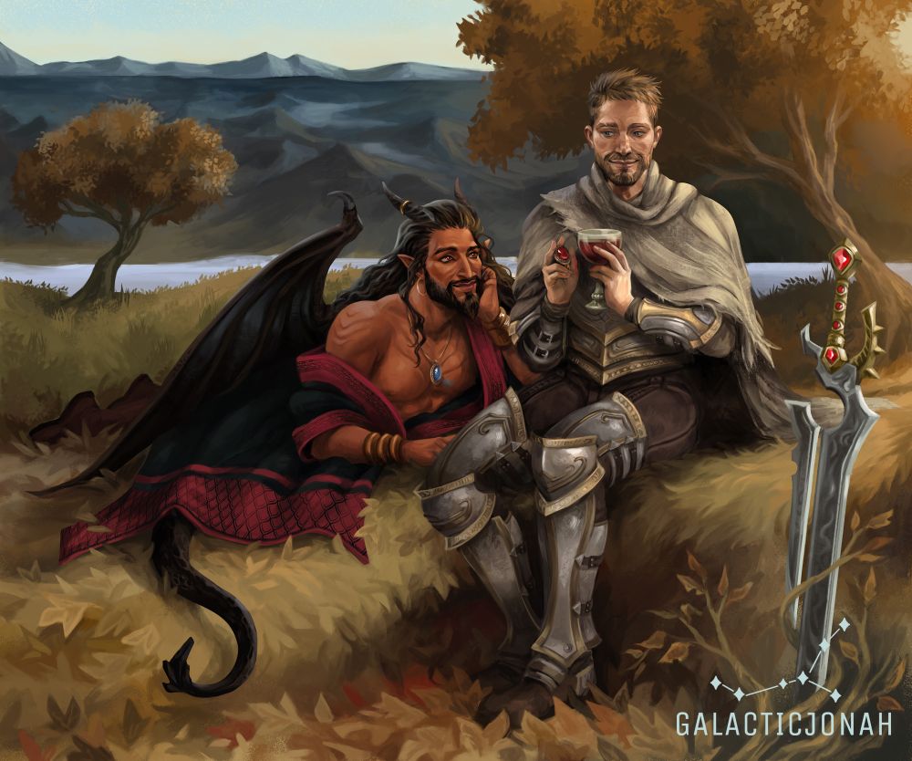 The image is of Anduin and Wrathion from World of Warcraft. It's a commission done by @galacticjonah for @ClaretAsh. 

The piece is based on The Temptation of Sir Percival by Arthur Hacker, which illustrates a scene from Malory's Le Morte d'Arthur, in which Percival is tempted by a devil in the form of a beautiful woman.

In Juno's art, Wrathion bares no seductive temptation and destructive will towards Anduin (...mostly, but only the fun kind [WINK]) - the piece has a warm, loving glow about it, as the pair of men are depicted in a beautiful field.... hey, this is the SECOND time I'm asked Juno to illustrate this for me, HUH! 😆💖✨

Anduin sits the the right side of the piece, chalice in hand, with Wrathion's ruby pendant in the other - a small, knowing smile on his lips. Besides him sits Shalamayne with foliage propping it up, and Anduin's armour shines under the warm glow of the sun. 

Wrathion is to the right hand side of the piece, and lies on his stomach facing Anduin. He props his head up with one hand, with a charming smile on his face. His elegant black and burgundy robe has fell slightly open, showing his chest and the sapphire pendant, that shine's brightly with the blue associated with Anduin. His draconic wings are showing, as is his dragon-esque tail and horns, as well as a pattern of scales over his skin. 

The Temptation of Anduin Wrynn, hm? 