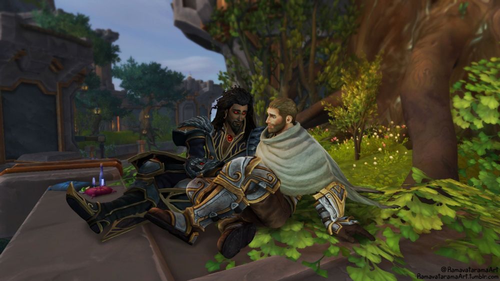 The image is of Anduin and Wrathion from World of Warcraft. It's part of a set of commissioned renders by @ramavataramaart for @ClaretAsh. 

The image is of Wrathion and Anduin sitting at the roots of a large tree in Dornogal, on a ledge overlooking the city. They're smiling and talking, in the background is a small spread of glasses and a bottle - the pair have snuck away to spend time together and relax. 