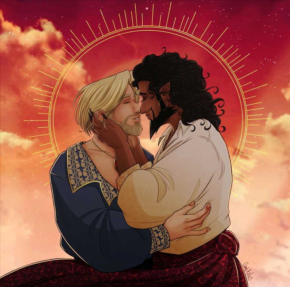 The image is of Anduin Wrynn and Wrathion from World of Warcraft. 

The piece shows the two men in an embrace, faces close together. Both have their eyes closed and wear joyful smiles. Wrathion had his hands on either side of Anduin's face, as Anduin moves his hand along Wrathion's side, to his back. 

They both wear relaxed outfits, Anduin in a blue short with gold filigree. We also wears Wrathion's ruby pendant. Wrathion wears a cream shirt, with a deep red sash, which flows along the bottom of the picture. 

The background frames them in a gold halo, with red, orange and yellow clouds behind them - the first three colours (and meanings in the text) of the Pride flag. 

The piece as a rich and strong colour to it - A BRIGHT START TO PRIDE! 🏳‍🌈