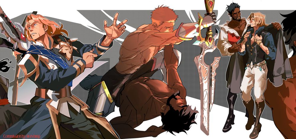 The image is of various sketches of Wrathion and Anduin from World of Warcraft. It's a commission done by @revbpm for @ClaretAsh. 

The image carries on from the last picture on this post. 

On the far left, shows the edge of Wrathion with his in game look, wielding Succession. To then right is Anduin with his BFA look. It appears that they're fighting something together. Anduin has his hand raised as if he's going to use the Light. 

The middle image is Anduin with his TWW look, straddling Wrathion's waist, with Shalamayne lodged in the ground above Wrathion's head. It looks like they're just finished sparring, but there's a... energy to the way they're posed. A GAY energy. Wrathion reaches up to cup Anduin's face, and he wears his hair short too. 

To the right, it shows AU looks for the lads. Wrathion offers Anduin his jacket with a quizzical look on his face. Anduin offers a bright smile in return. 
