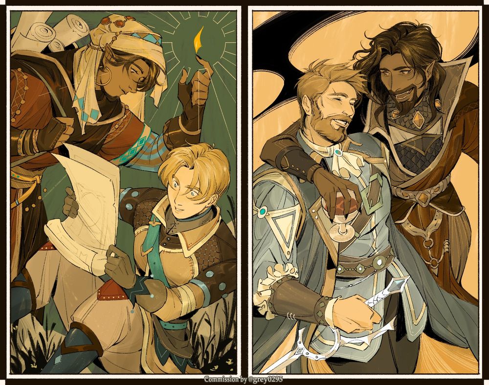 The images are of Wrathion and Anduin from World of Warcraft. It's a commission done by @grey0295 (Grey!) for @ClaretAsh. 

The image to the left shows them as teens, much like their MoP iterations. They're on an adventure together, looking at a stack of scrolls they've discovered. Anduin gazes them, unfurled and in hand, while Wrathion carries the other scrolls on his back, and summons a small flame above him to aid his reading efforts. Their outfits are different than their in-game designs, and Grey has added layers, details and other things adorning them. 

The image on the right shows them as grown men, in elegant and detailed outfits, different from their game designs! Both are smiling and have their arms about each other. In their free hands, Wrathion carries a full goblet and Anduin carries a sword very different, yet familiar to Shalamayne. They're ready to get up to the same sort of mischief as they did as lads.


"I was with you at the beginning of your journey. It is right that I should follow you to its end."
