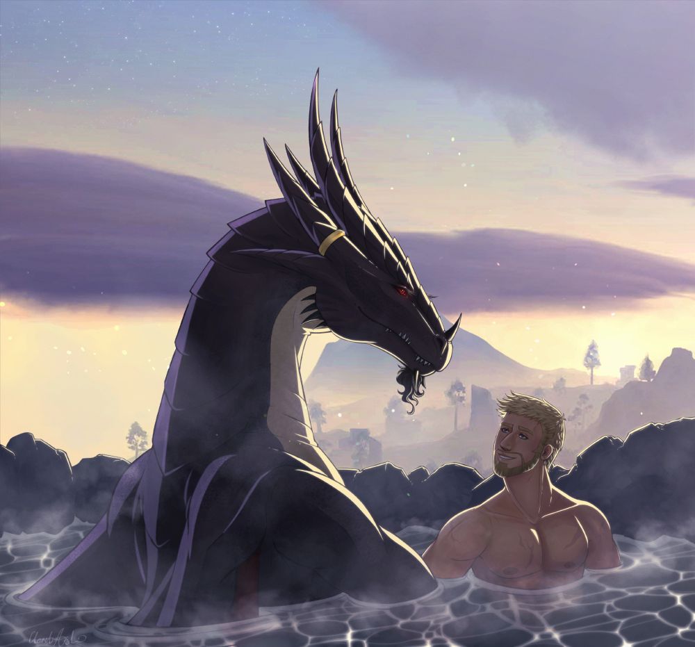 The image is of Wrathion and Anduin from World of Warcraft. Wrathion is in his true dragon form as he soaks in a hot spring along with Anduin. The image is lit with soff morning light.