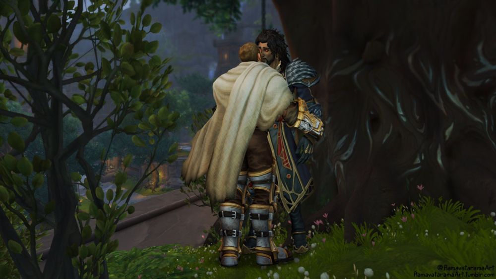 The image is of Anduin and Wrathion from World of Warcraft. It's part of a set of commissioned renders by @ramavataramaart for @ClaretAsh. 

The image is of Wrathion and Anduin, away from the ledge overlooking the city, hidden in the shade of the large tree. Anduin's back is to the viewer, but it's clear he's now leaning in to kiss Wrathion, the latter's back up against the tree. 