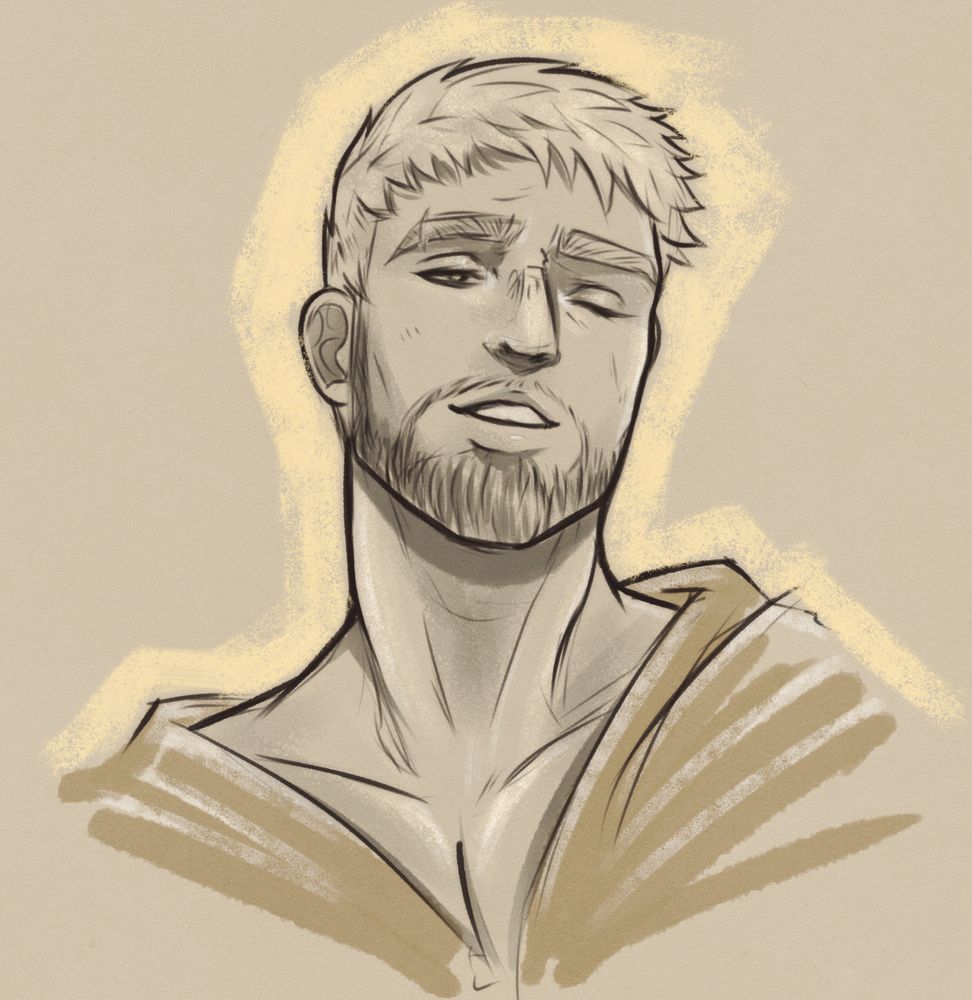The image is of Anduin Wrynn from World of Warcraft. 

It's a fast bust sketch of Anduin, in warm yellows and beige colours. Anduin has a small smile on his face and one eye closed. It's a relaxed pose, and he's wearing a loose robe, draped over his shoulders. 

SKETCHIN'. ✨