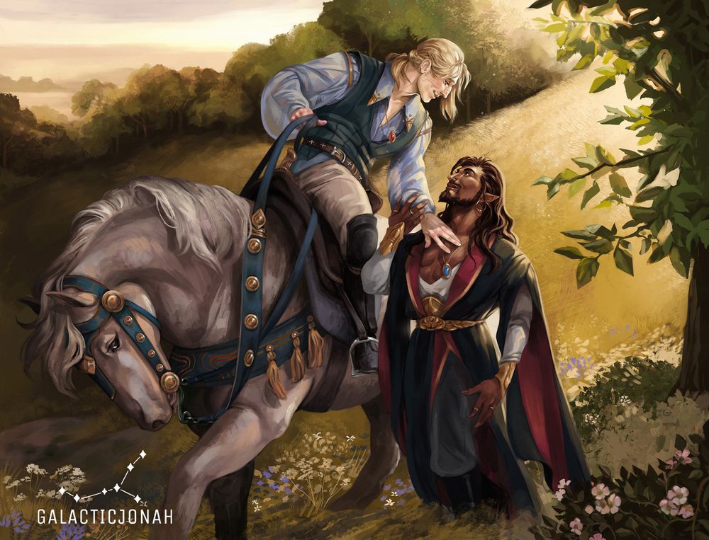 The image is of Anduin and Wrathion from World of Warcraft. It's a commission done by @galacticjonah for @ClaretAsh. 

The piece is based on Frank Dicksee's work 'La Belle Dame sans Merci' which is based on John Keats’ poem of the same name. In Juno's art, Anduin bares no seductive temptation and destructive will towards Wrathion (...mostly, but only the fun kind [WINK]) - the piece has a warm, loving glow about it, as the pair of men are depicted in a beautiful field. 

Anduin sits upon Reverence, his white horse, and leans down towards Wrathion. He places a gentle hand upon his chest, highlighting the fact that Wrathion wears a necklace with a blue gem, and Anduin wears Wrathion's usual star ruby necklace. 

Wrathion gently cradles Anduin's wrist as he walks alongside horse and rider - a gentle smile on his face as he looks up at Anduin. 

They both wear more casual, yet elegant, outfits and the piece has the same ethereal beauty as the original. 