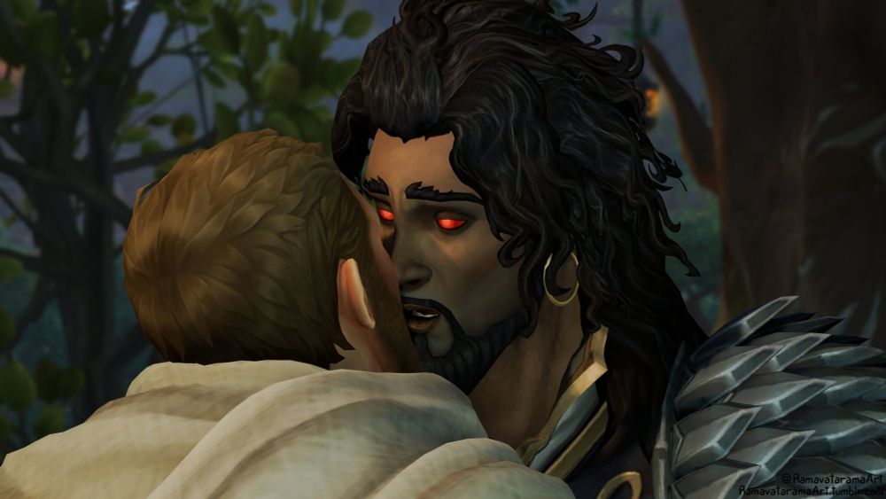 The image is of Anduin and Wrathion from World of Warcraft. It's part of a set of commissioned renders by @ramavataramaart for @ClaretAsh. 

The image is of a close up of the last image - Anduin's back is to the viewer, but it's clear he's now leaning in to kiss Wrathion, the latter's back up against the tree. 

They call him Anduin "Smooth Rizzmaster" Wrynn. 