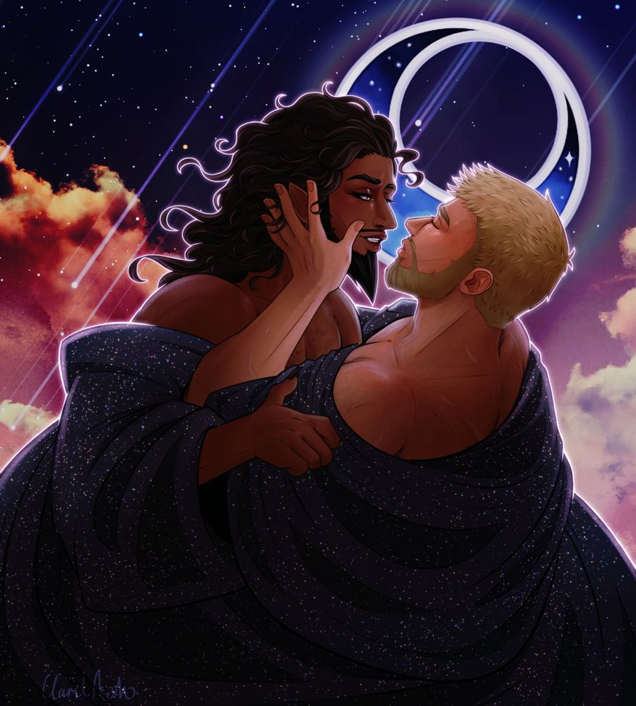 The image is of Wrathion and Anduin Wrynn from World of Warcraft.

The two men are covered by a glittering blanket, very much like the night sky filled with stars. They're naked from mid-chest up, and are embracing each other. 

Wrathion holds Anduin's upper arm and with a grin and sparkle in his eye, is moving his face close to the other man's. Anduin has his eyes closed, has a hand on the side of Wrathion's face and is moving in for a kiss. 

The background is a crescent moon, clouds and shooting stars going through a dark night sky. 

HAPPY YAOI DAY ALL. Also a message to all men. KISS OTHER MEN, NOW!!!!!!!!!!!! 🔥🔥🔥🔥