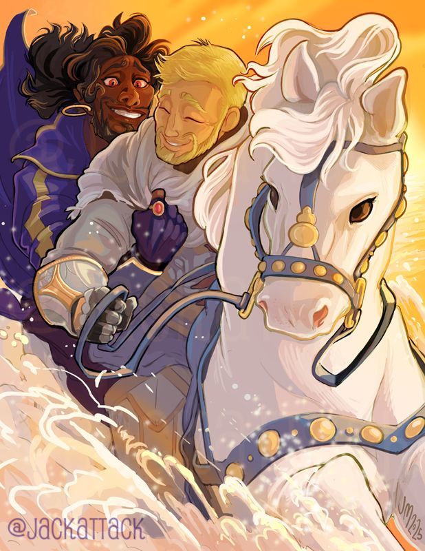 The image is of Anduin and Wrathion from World of Warcraft. It's a commission done by @jackattack‬ for @ClaretAsh. 

The pair are on horseback - Reverence charges through shallow water, with the foam and spray glistening around them in the golden sunset that lights the piece. 

Anduin holds the reins of Reverence, while he grins happily back at the other man. He has short hair and sports his War Within look. Wrathion holds on tightly to Anduin, his hair flowing in the wind. With a wide grin on his face, his coat blows out behind him as he grips Anduin's cloak. Both men look joyful and the whole piece is dynamic and bright.

Prince Charming hm? Well, Anduin is certainly oozing charisma showing off his riding skills to a certain someone. 😏✨