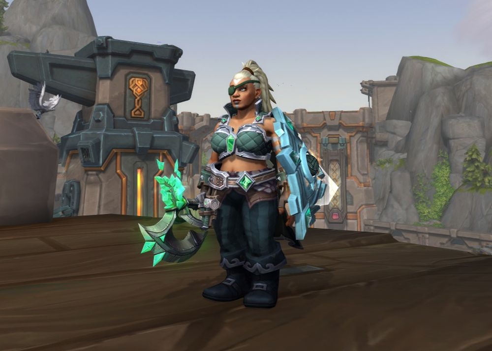 An World of Warcraft in-game screenshot. It shows a lady dwarf paladin in a green outfit, with a slightly pirate-y vibe. 