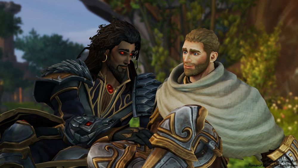 The image is of Anduin and Wrathion from World of Warcraft. It's part of a set of commissioned renders by @ramavataramaart for @ClaretAsh. 

The image is of Wrathion and Anduin sitting at the roots of a large tree in Dornogal, on a ledge overlooking the city. They're smiling and talking, and daringly... Wrathion has placed a hand on Anduin's thigh. RISQUÉ MR. DRAGON. 