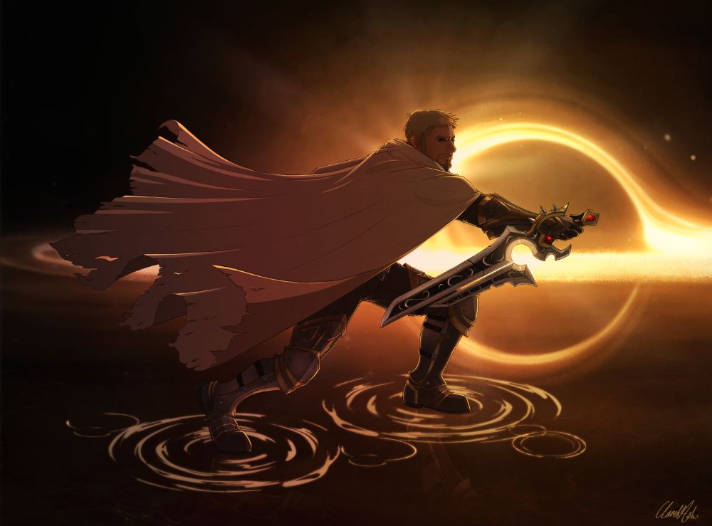 The image is of Anduin Wrynn from World of Warcraft. He sports his look in The War Within - battered armour, a tattered cloak, short hair and Shalamayne. He is posed dynamically in front of a black hole, with light orbiting it. Beneath his feet is a midnight sea.