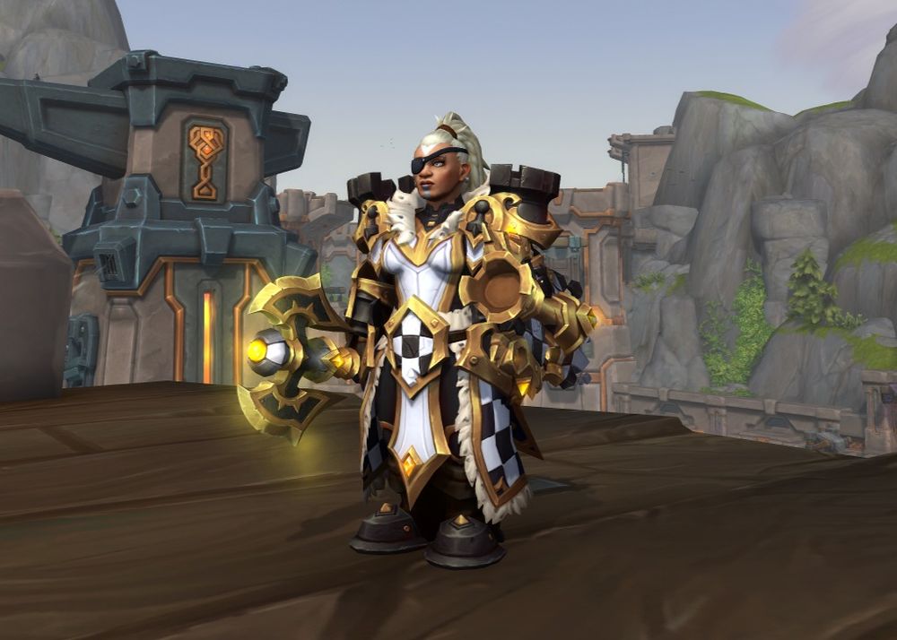 An World of Warcraft in-game screenshot. It shows a lady dwarf paladin in the new black, white and gold chess set transmog from the Trading Post. 