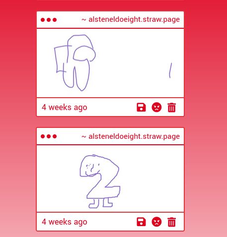 Two drawings.
One is simply of a crewmate from Among Us.
The other is of a Two with legs and a face.