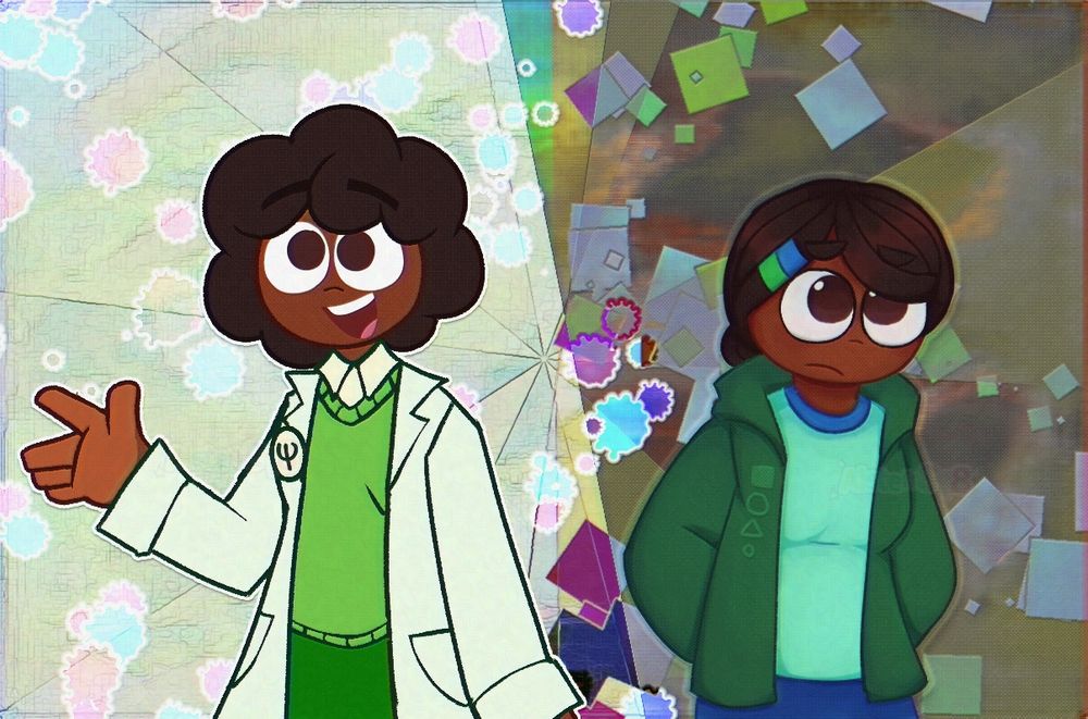 Drawing shows two women in front of an abstract background. One is drawn in a simpler artstyle and is looking up and holding her hand up, the other is in a softer rendered artstyle, and is slightly bowing while looking up in a sad matter.