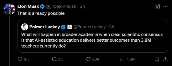 This is an image of a tweet. The original tweet states, “What will happen in broader academia when clear scientific consensus is that AI-assisted education delivers better outcomes than 3.8M teachers currently do”. Elon Musk is seen retweeting this and remarking, “That is already possible.”