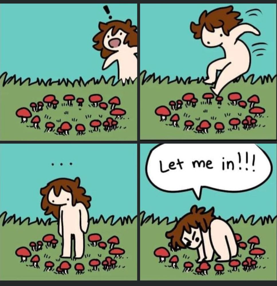 A girl jumping into a fairy circle saying “let me in!!!”