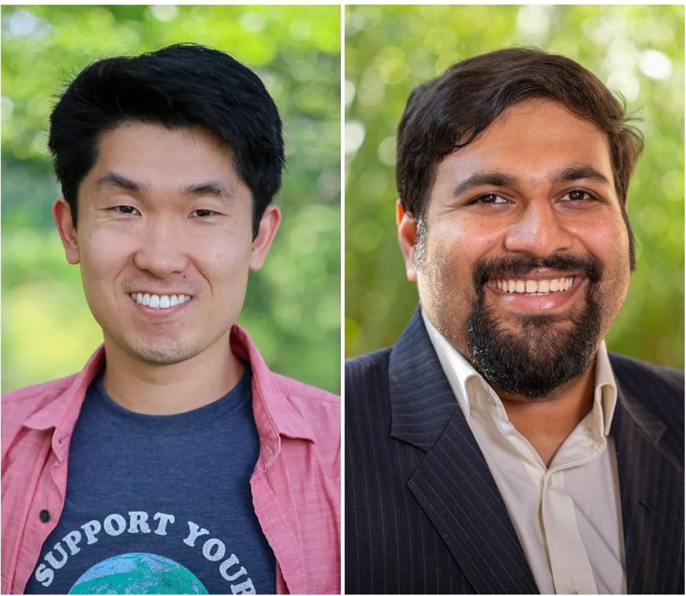 Two images side-by-side of the speakers. Both speakers are smiling and looking at the camera, and both are stood against a blurry, leafy background. 

Left: Michael Wong. He is wearing a pink shirt over a graphic tee. The bottom half of it is cut off, but the top half is seen to say "Support Your..." above what appears to be a globe. 

Right: Anirudh Prabhu. He is wearing an off-white button-down shirt with a faintly pin-striped black blazer over it. 