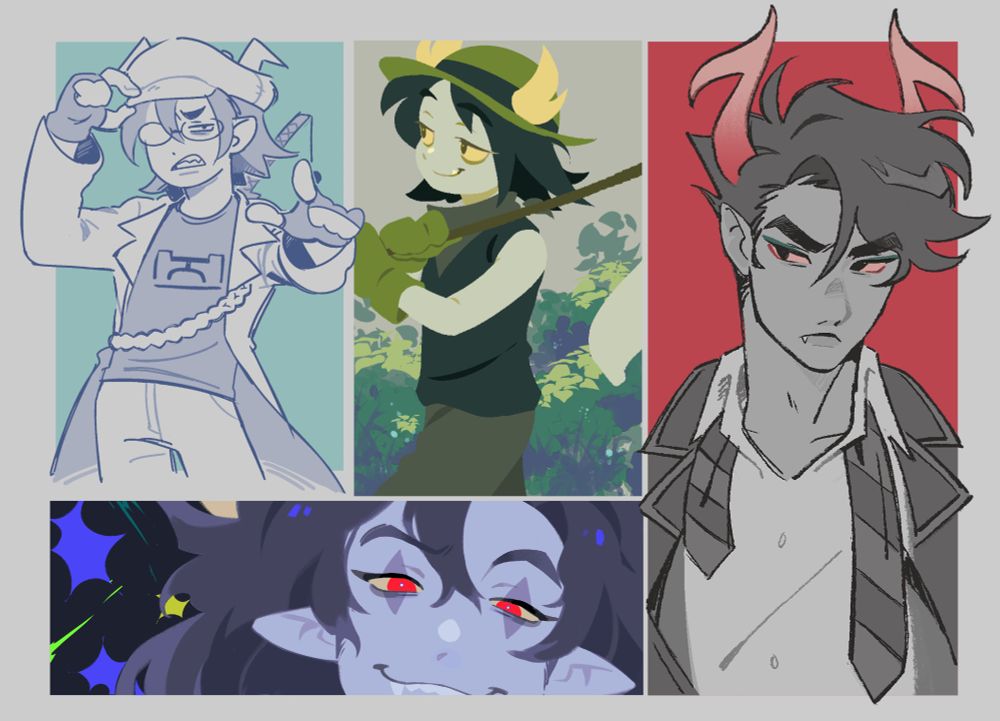 compilation of drawings separated by boxes featuring hiveswap characters (tegiri, charun, marvus, lanque).

tegiri is sketched in blues, pointing and holding his hat.
charun is in a colored lineless style in binary pen, walking with their net.
marvus is a colored lineless style in textured brush, a closeup of his eyes.
lanque is inked in black with greytones and minimal color, a bust view of his face.