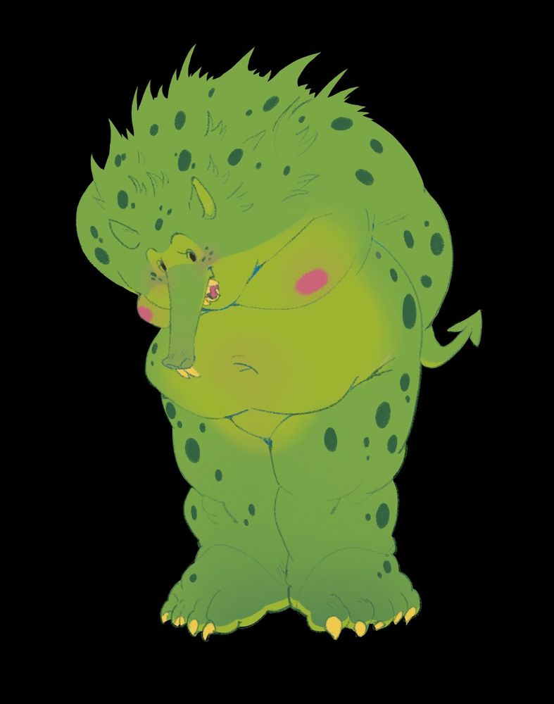 A drawing of the monster Grendel leaning forward and smiling, with his hands behind his back.