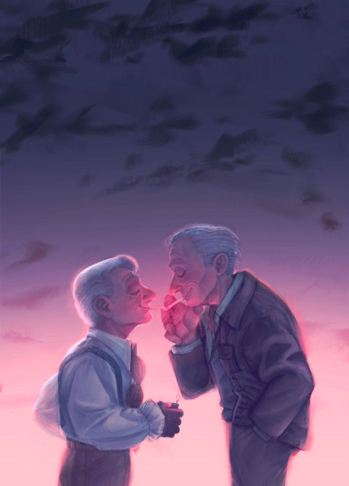 An illustration of two old men sharing a smoke outside during a nice sunset.