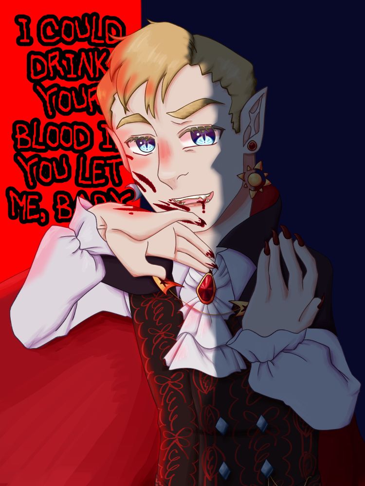 kelvin timeline jim kirk as a vampire. he is looking at the camera, ostensibly wiping blood on his face. the words "I COULD DRINK YOUR BLOOD IF YOU LET ME, BABY" are positioned in the background to the left of him.